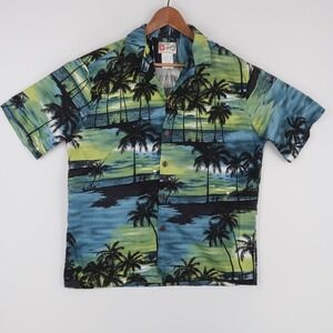Hilo Hattie Hawaiian Original Shirt Mens XL Blue Green Print Palm Tree Tropical